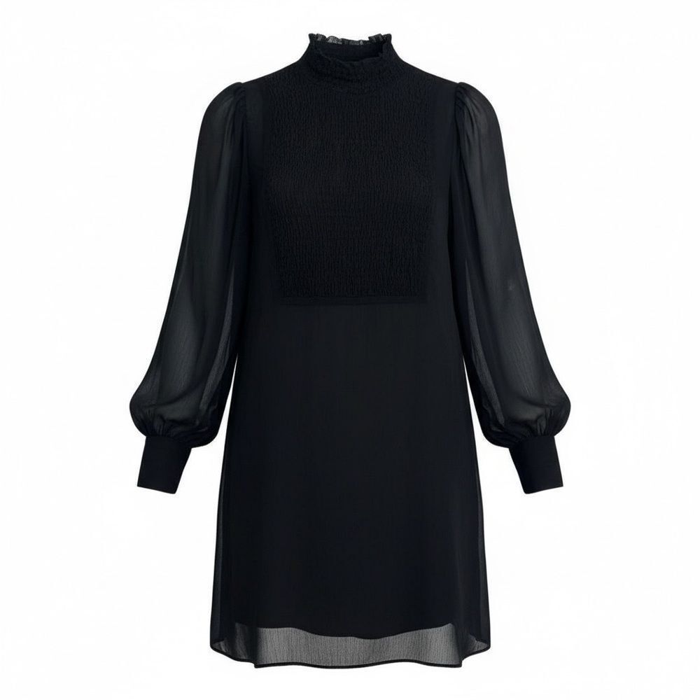 Zara Basic Chiffon Ruched Mock Neck Long Sleeve Mini Dress Black Xs